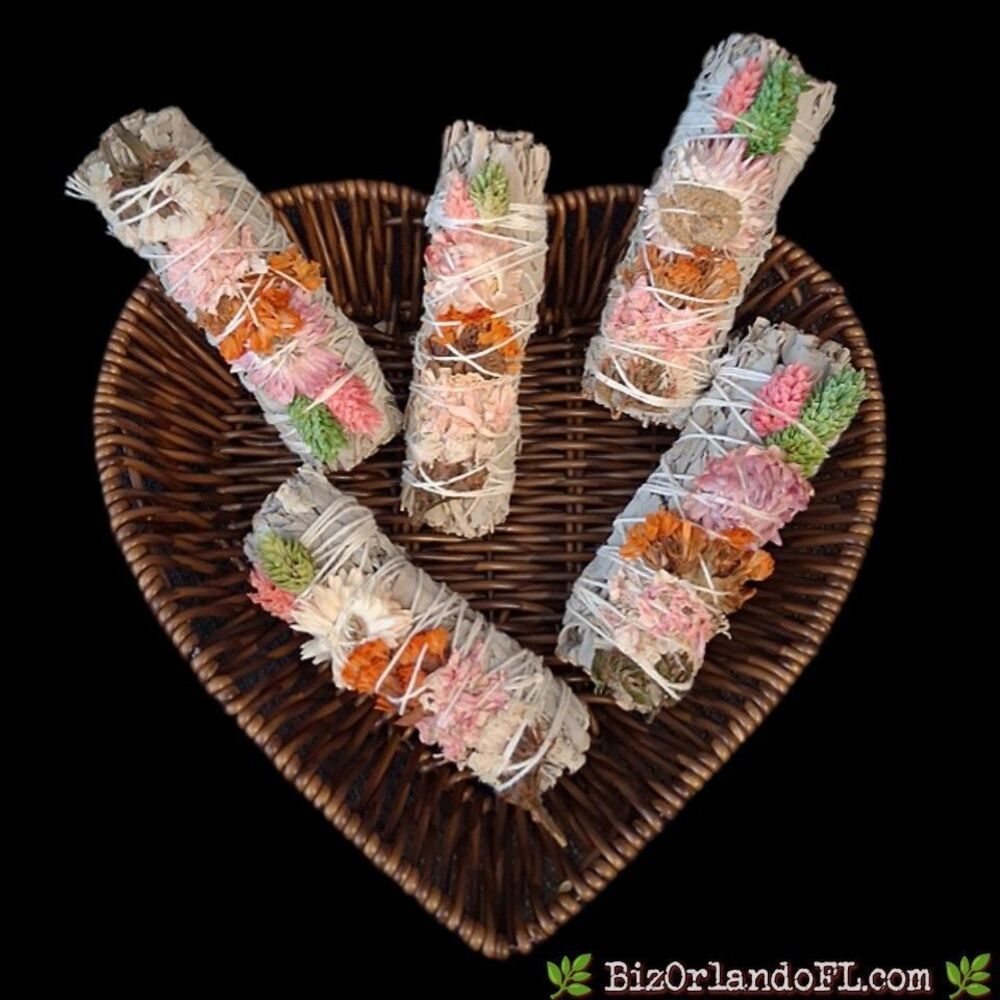 Handcrafted Floral White Sage Bundle - 4 Inch Dried Flower Smudge Stick (Single)